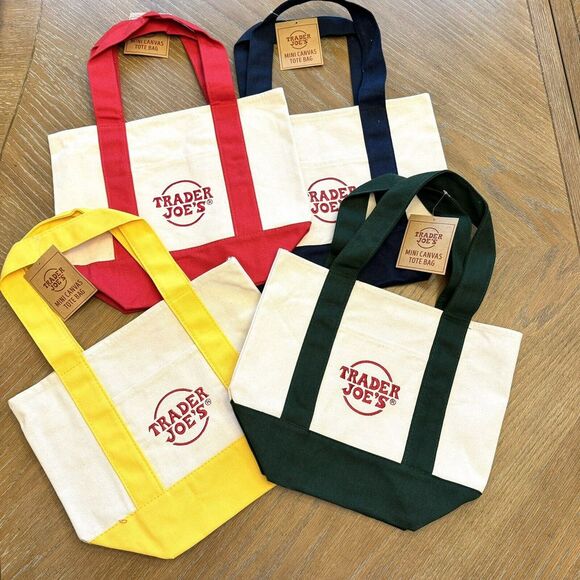 NEW Trader Joe's Mini Canvas Tote Bag Set of Four 4 Bags Blue Red Yellow Green - Picture 1 of 13